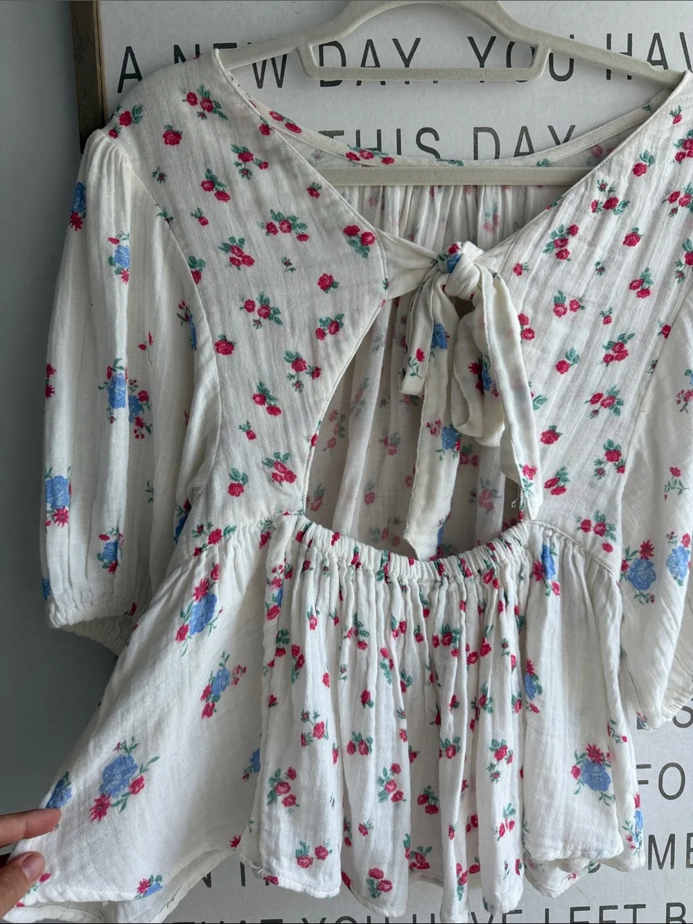 Free People White Floral Peasant Blouse with Pink & Blue Flowers